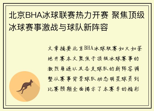 北京BHA冰球联赛热力开赛 聚焦顶级冰球赛事激战与球队新阵容