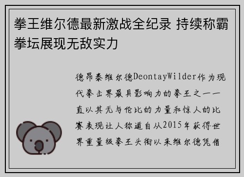 拳王维尔德最新激战全纪录 持续称霸拳坛展现无敌实力